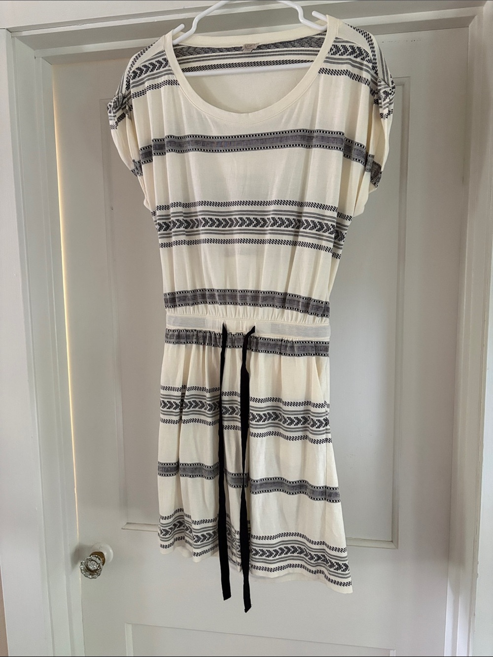 LOFT Cream Dress with Black Stripe Pattern and Waist Tie